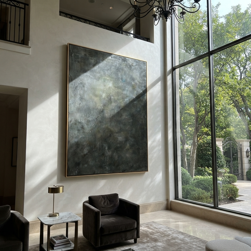 Slate Onyx Gilded Crossing Interval - textured abstract painting displayed in a styled interior