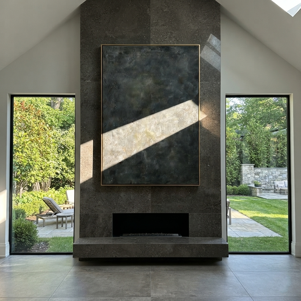Slate Onyx Gilded Crossing Interval - textured abstract painting shown in modern room setting 2