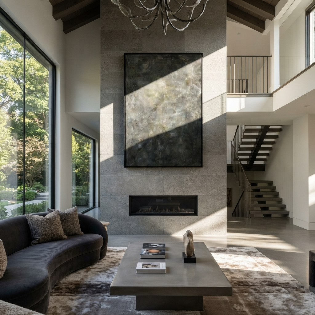 Slate Onyx Gilded Crossing Interval - textured abstract painting shown in modern room setting 4