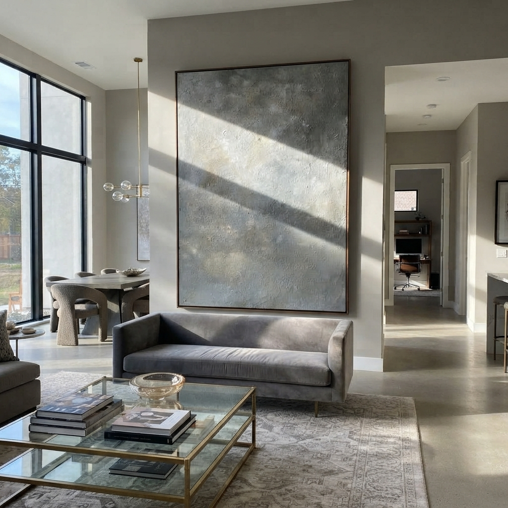 Slate Onyx Gilded Echo Distance - textured abstract painting displayed in a styled interior