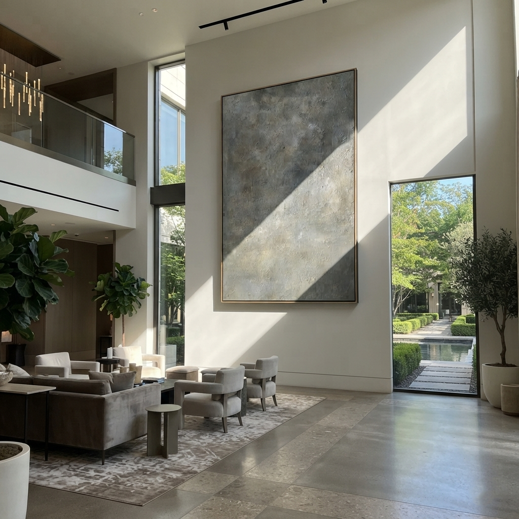Slate Onyx Gilded Echo Distance - textured abstract painting shown in modern room setting 2