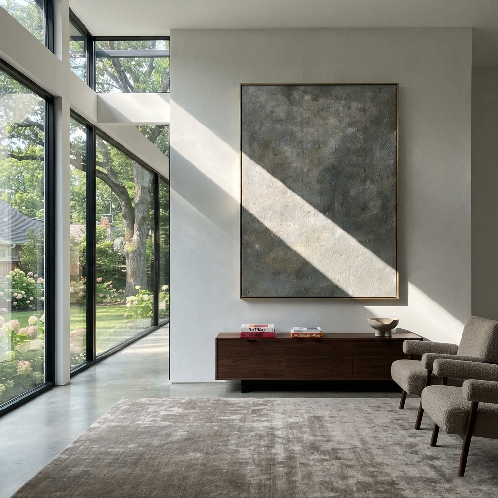 Slate Onyx Gilded Echo Distance - textured abstract painting shown in modern room setting 3