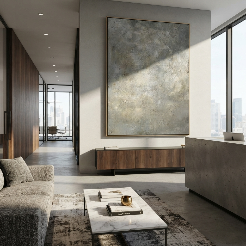Slate Onyx Gilded Echo Distance - textured abstract painting shown in modern room setting 4