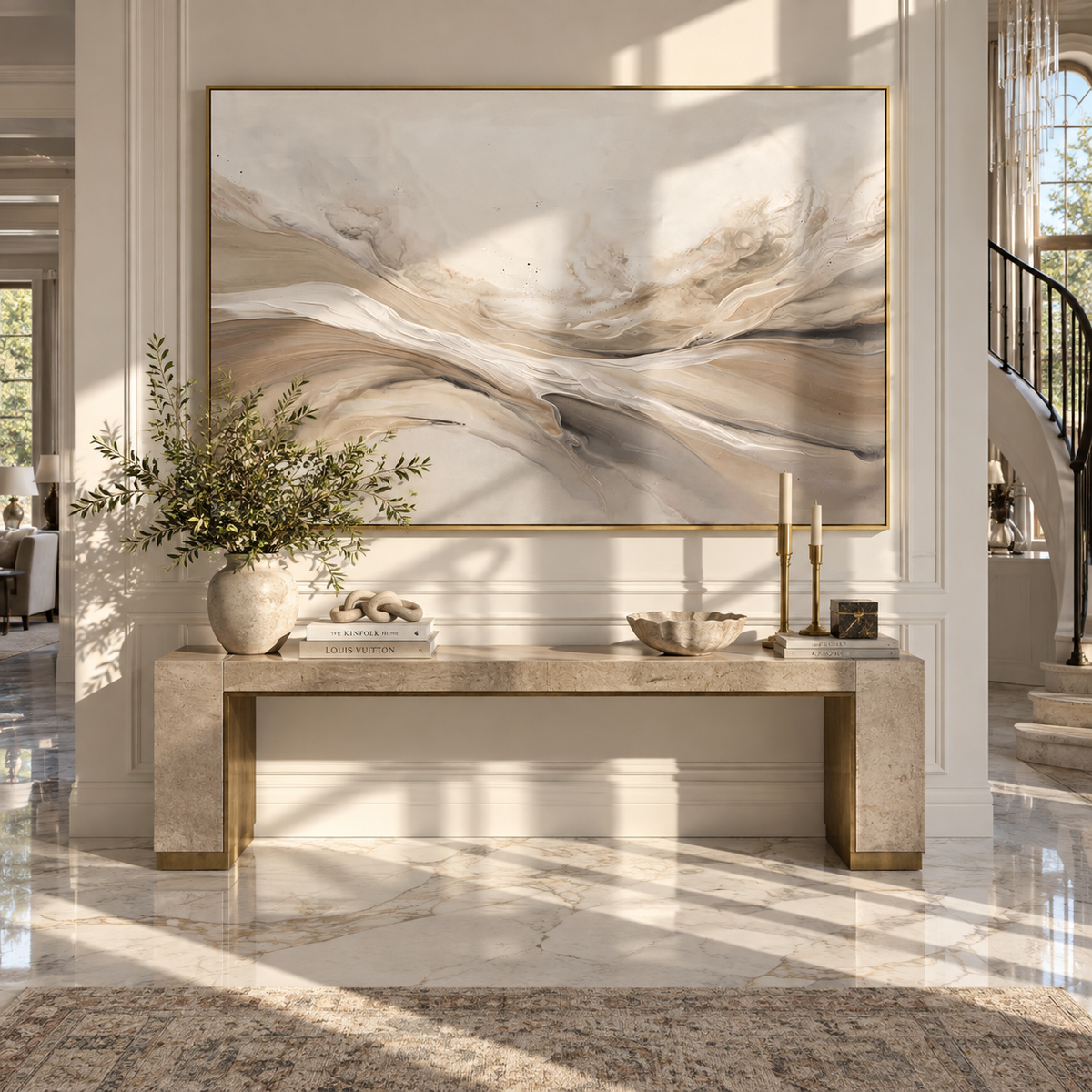 Ivory Linen Horizon Rhythm Light - textured landscape painting shown in modern room setting 3