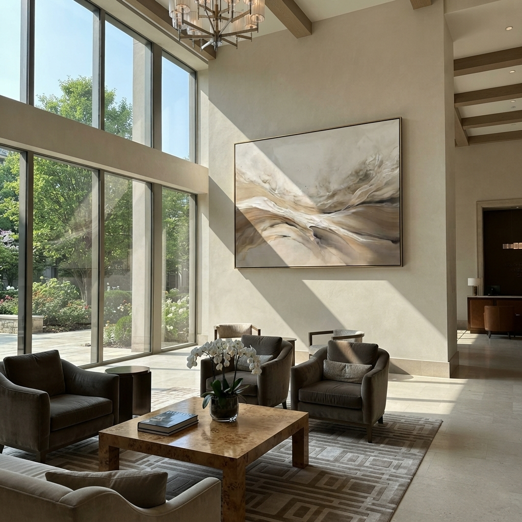 Ivory Linen Horizon Rhythm Light - textured landscape painting shown in modern room setting 4