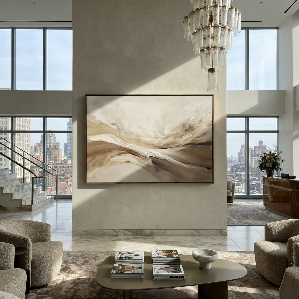 Ivory Linen Horizon Rhythm Light - textured landscape painting shown in modern room setting 5
