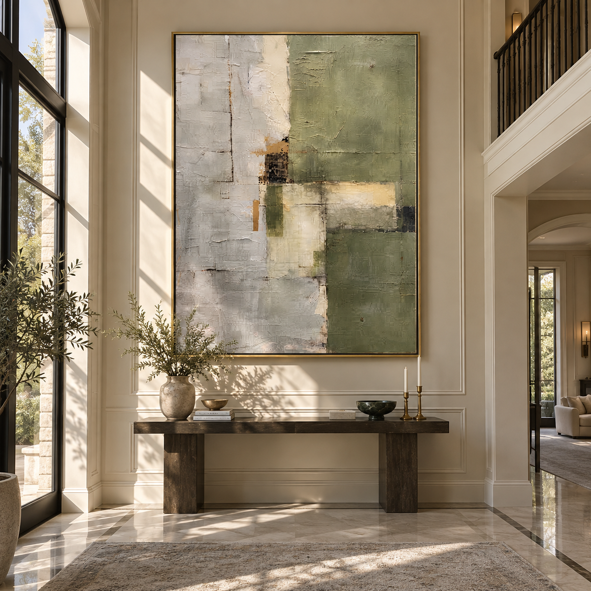 Gilded Slate Linen Relief Tension - textured abstract painting displayed in a styled interior