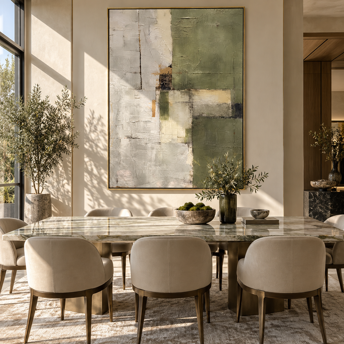 Gilded Slate Linen Relief Tension - textured abstract painting shown in modern room setting 2