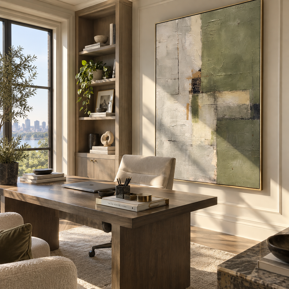 Gilded Slate Linen Relief Tension - textured abstract painting shown in modern room setting 3