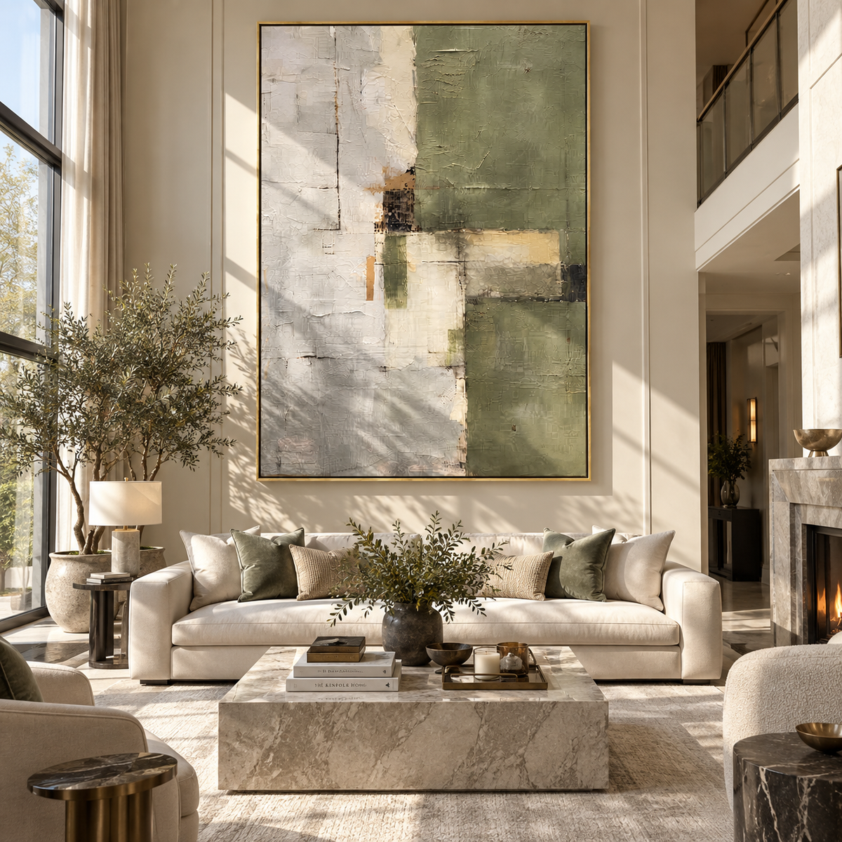 Gilded Slate Linen Relief Tension - textured abstract painting shown in modern room setting 4