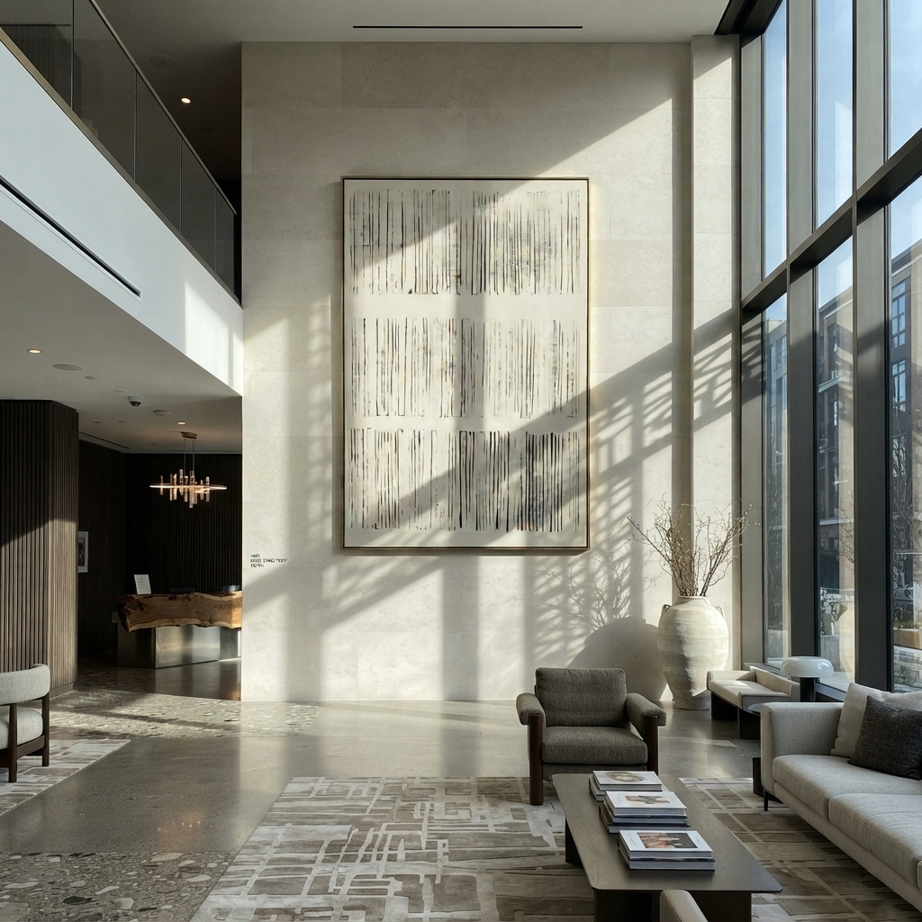 Ivory Slate Onyx Strata Space - textured abstract painting displayed in a styled interior