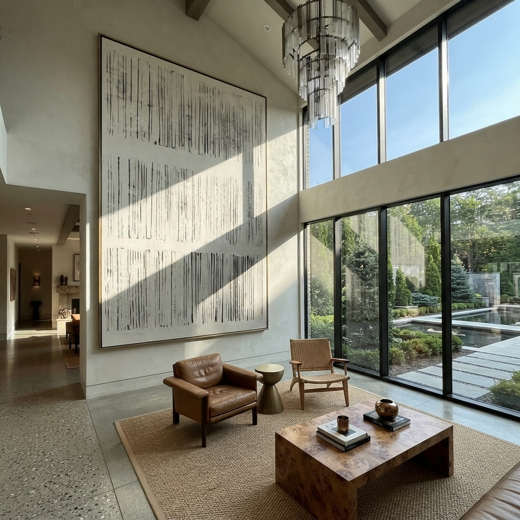 Ivory Slate Onyx Strata Space - textured abstract painting shown in modern room setting 2