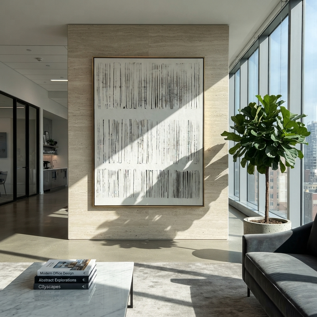 Ivory Slate Onyx Strata Space - textured abstract painting shown in modern room setting 5