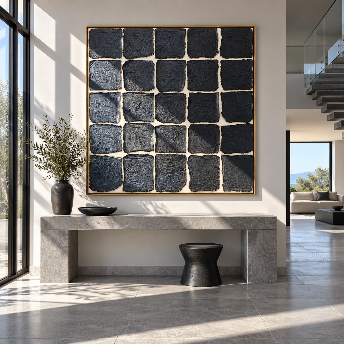 Onyx Azure Linen Fragments Motion - textured abstract painting displayed in a styled interior