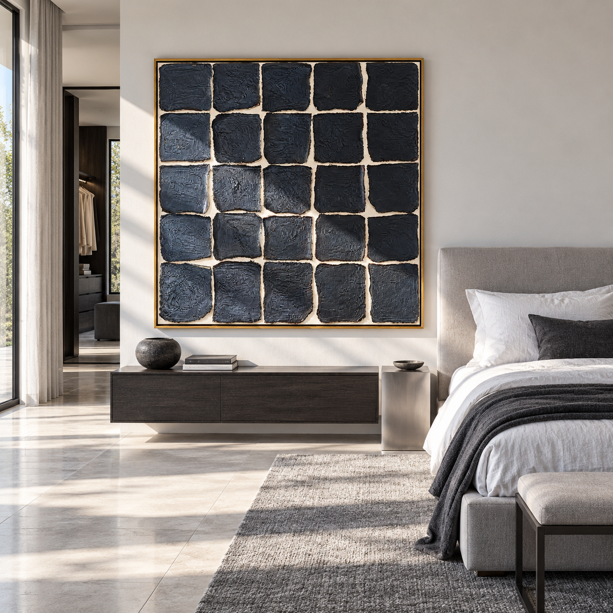 Onyx Azure Linen Fragments Motion - textured abstract painting shown in modern room setting 2