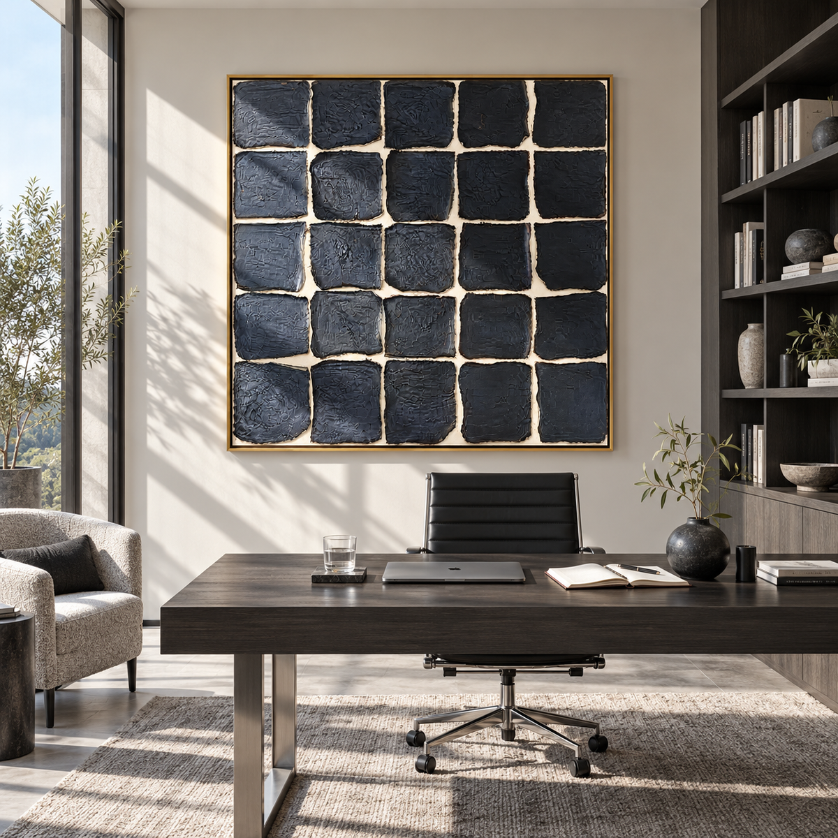 Onyx Azure Linen Fragments Motion - textured abstract painting shown in modern room setting 5