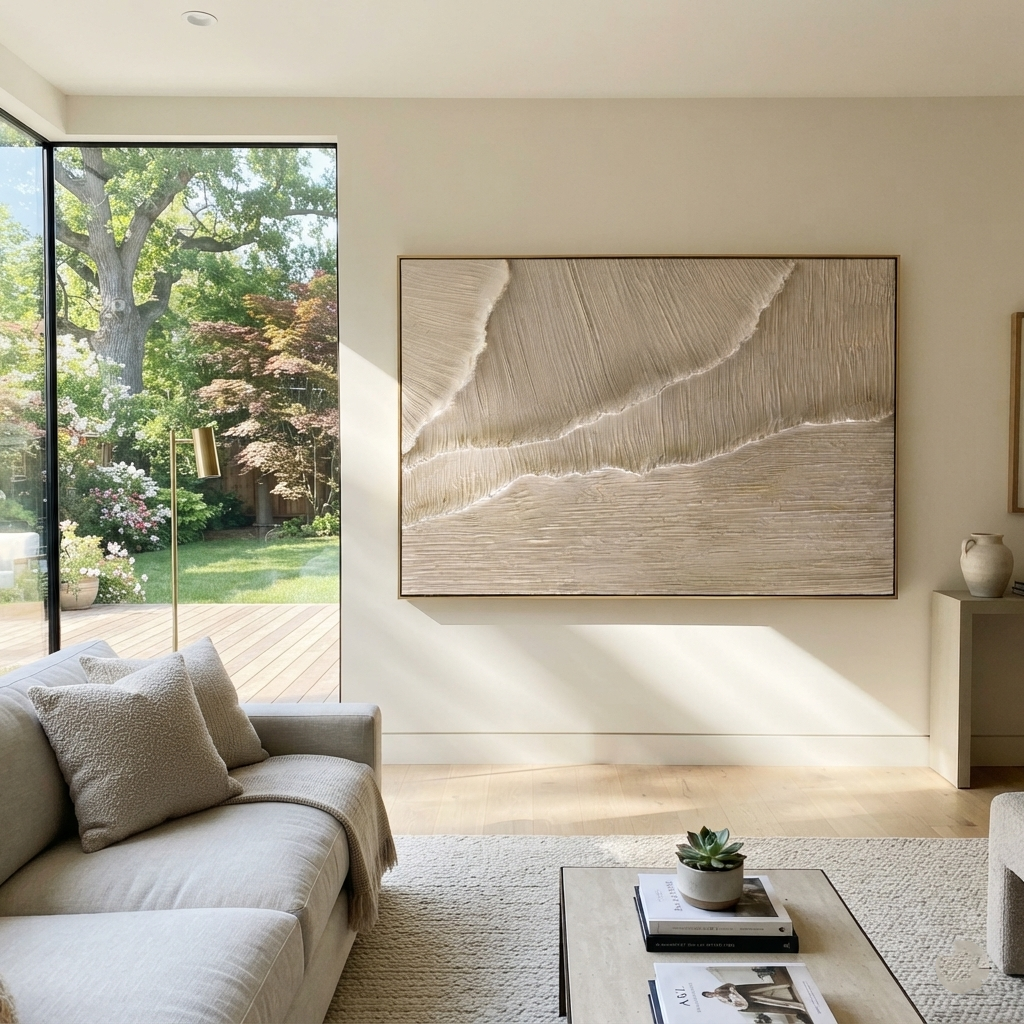 Linen Slate Onyx Field Depth - textured abstract painting displayed in a styled interior