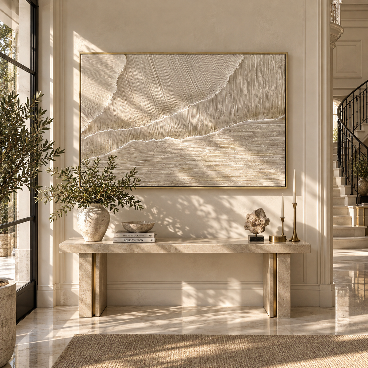Linen Slate Onyx Field Depth - textured abstract painting shown in modern room setting 3