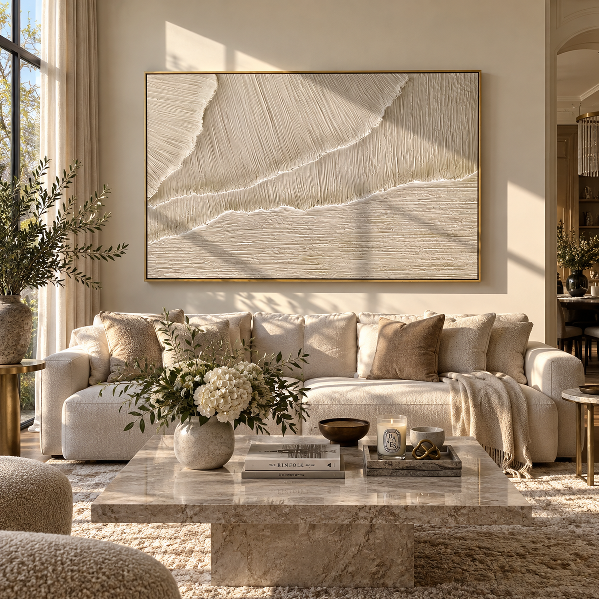 Linen Slate Onyx Field Depth - textured abstract painting shown in modern room setting 4