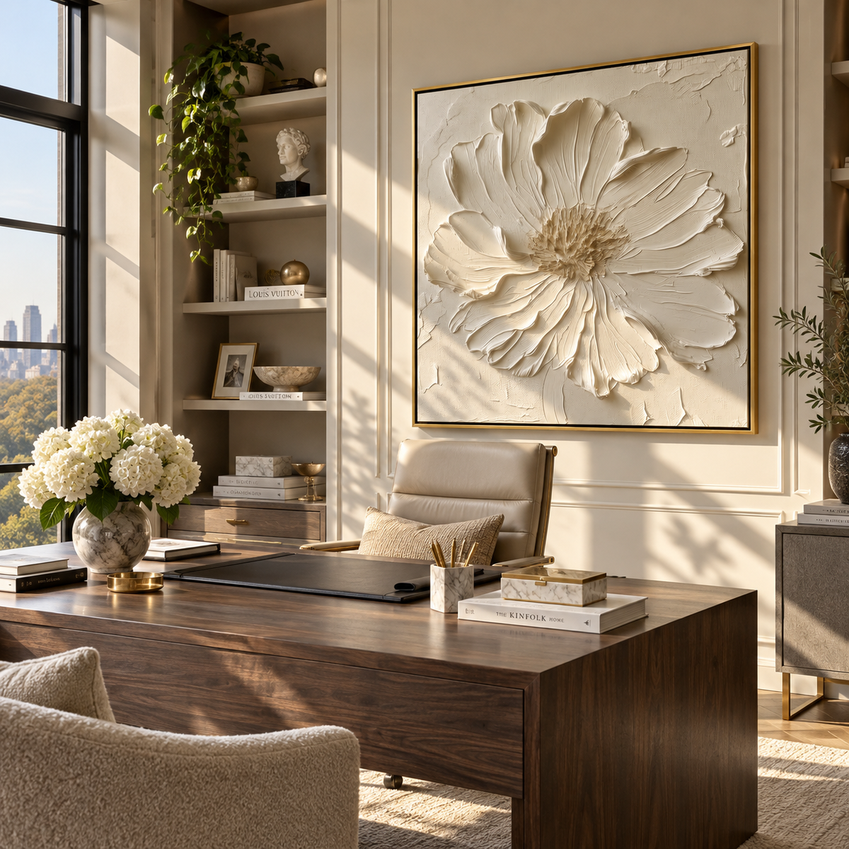 Slate Linen Blooms Passage Silence - textured floral painting displayed in a styled interior