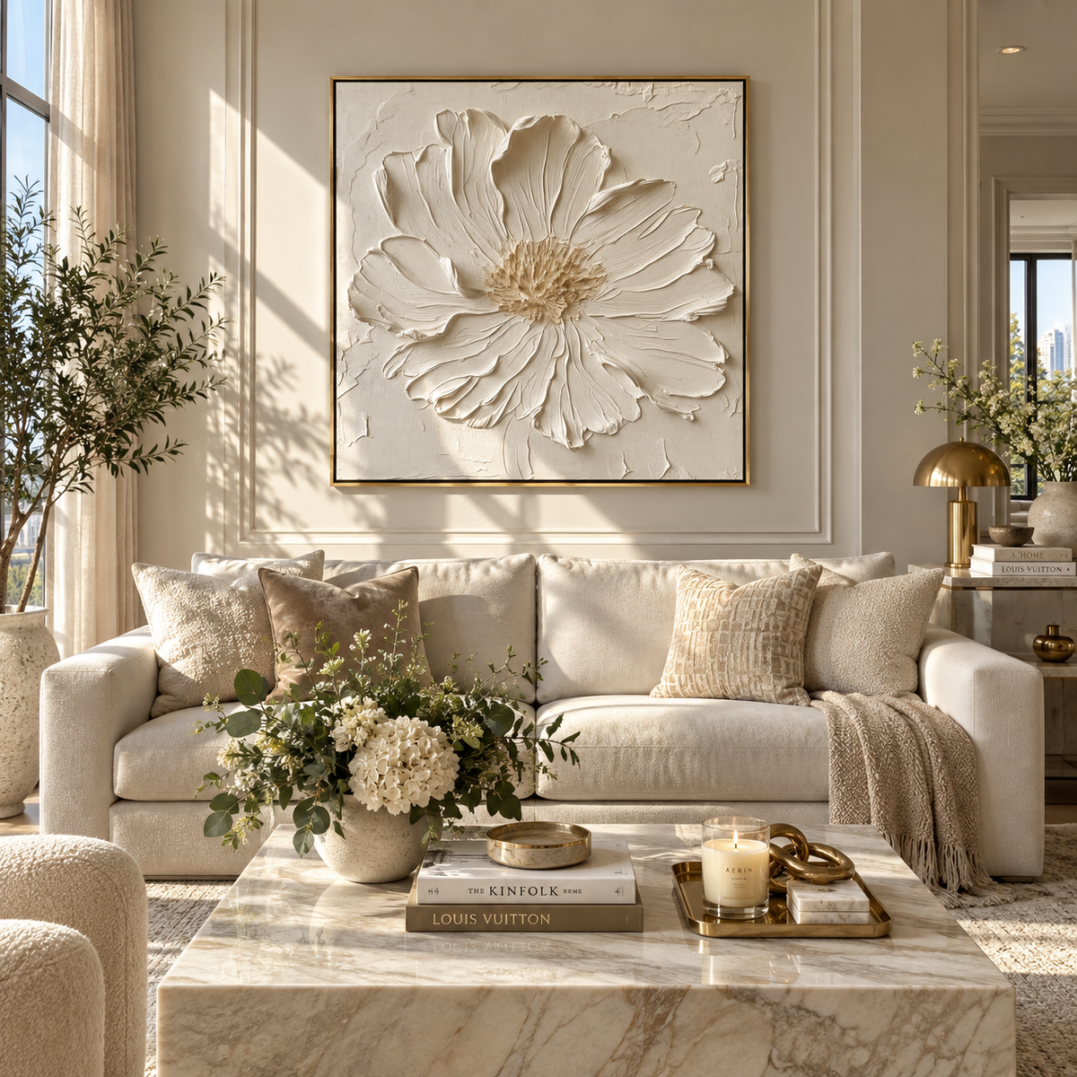 Slate Linen Blooms Passage Silence - textured floral painting shown in modern room setting 3