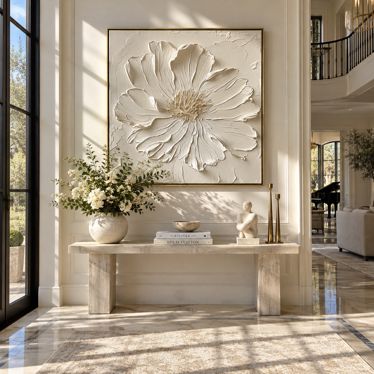 Slate Linen Blooms Passage Silence - textured floral painting shown in modern room setting 5