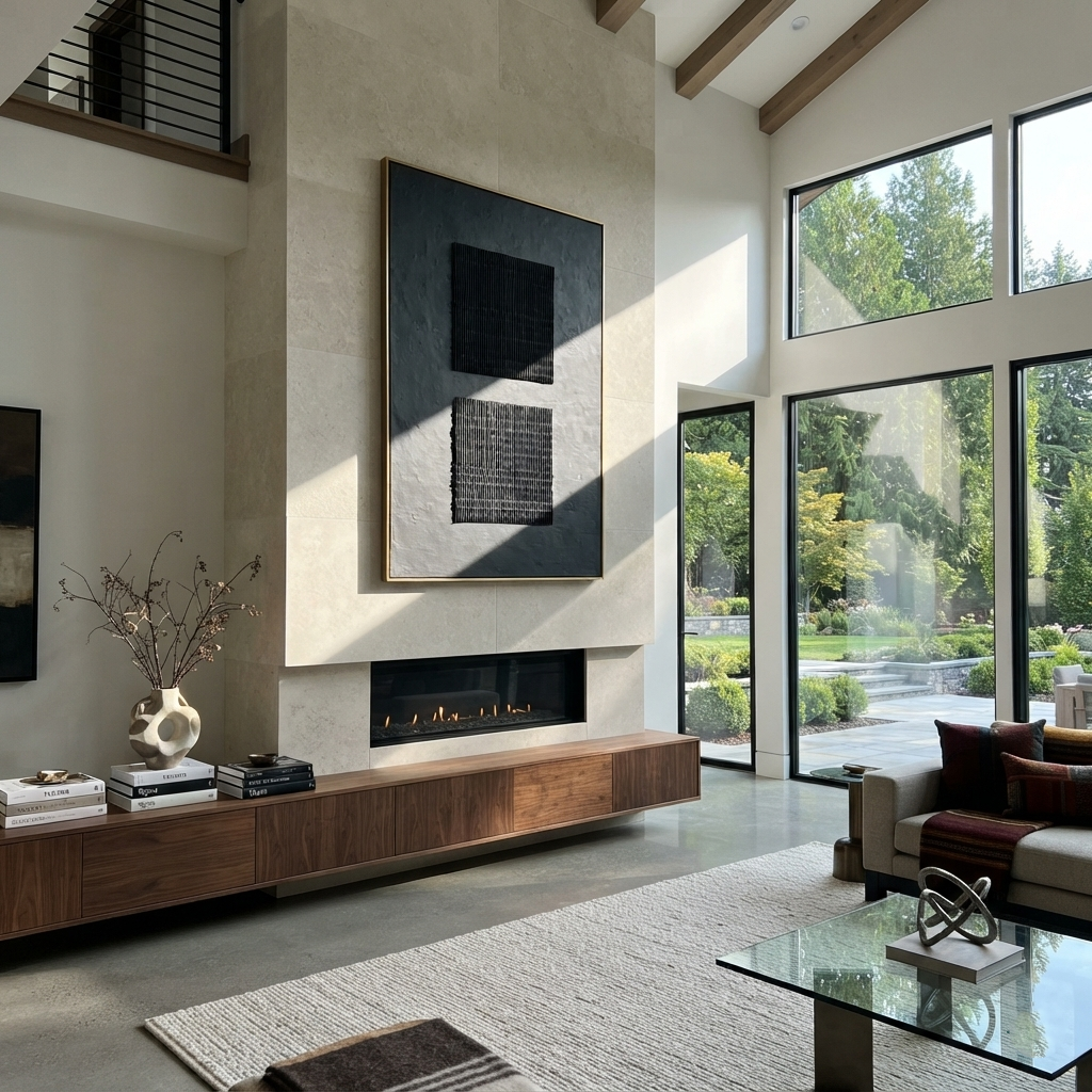 Onyx Slate Violet Tides Pause - textured abstract painting shown in modern room setting 2