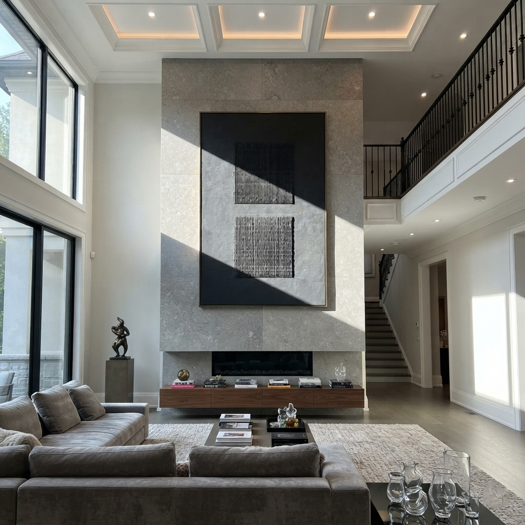 Onyx Slate Violet Tides Pause - textured abstract painting shown in modern room setting 3