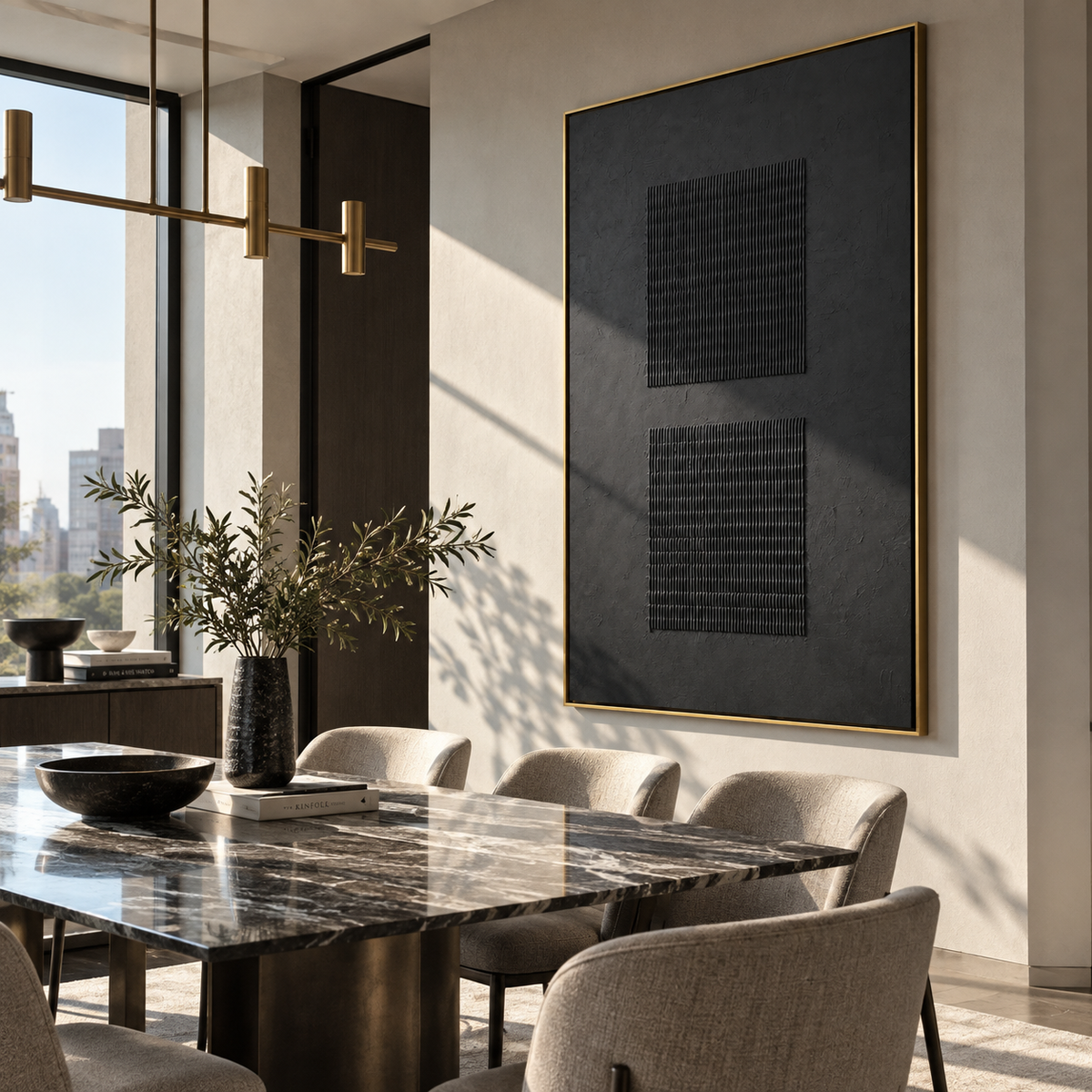 Onyx Slate Violet Tides Pause - textured abstract painting shown in modern room setting 4