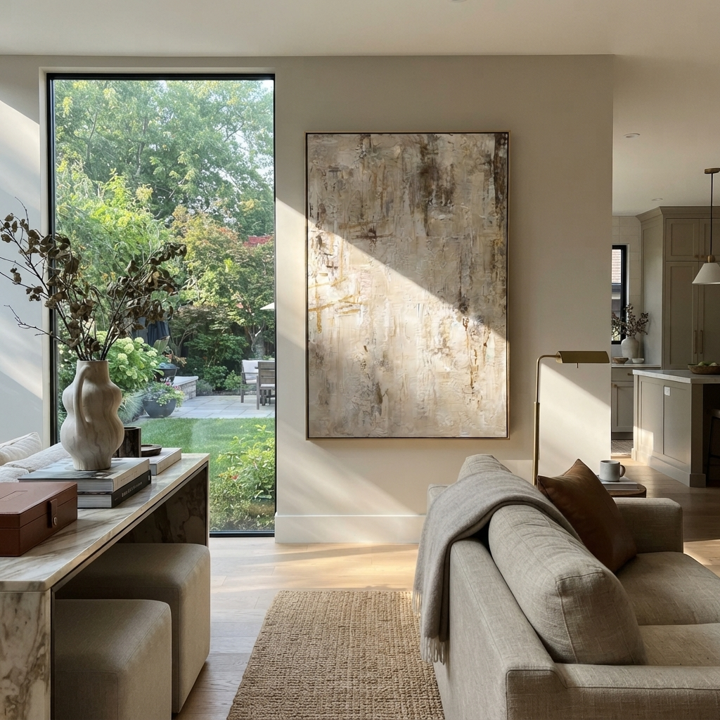 Slate Linen Umber Currents Balance - textured abstract painting shown in modern room setting 4