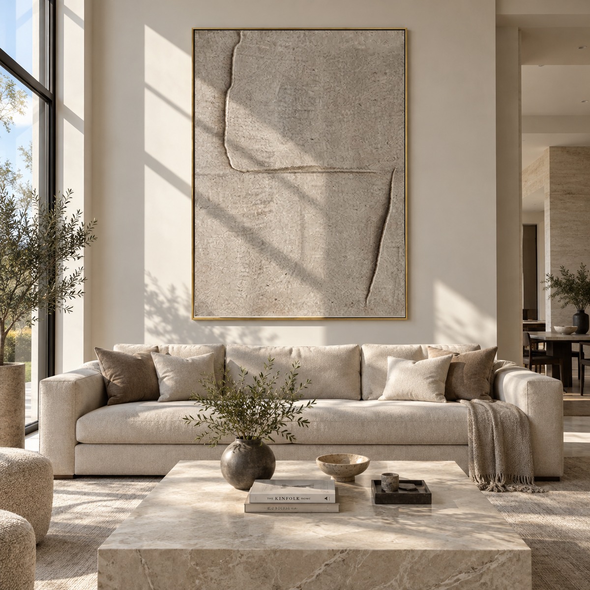 Slate Linen Umber Layers Resonance - textured abstract painting shown in modern room setting 2