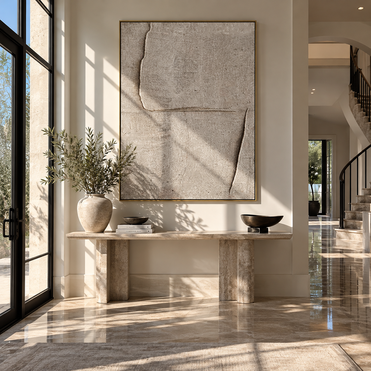 Slate Linen Umber Layers Resonance - textured abstract painting shown in modern room setting 3
