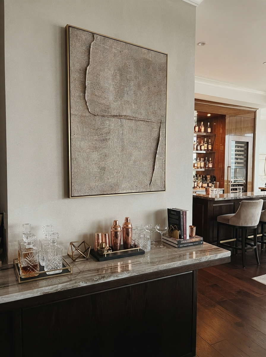 Slate Linen Umber Layers Resonance - textured abstract painting shown in modern room setting 5