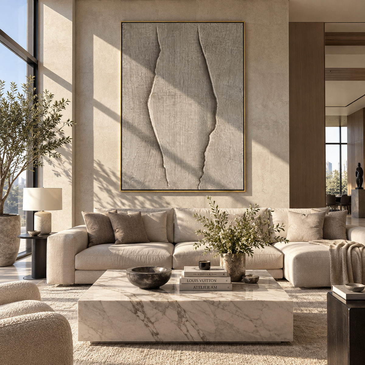 Slate Umber Onyx Balance Calm - textured abstract painting displayed in a styled interior