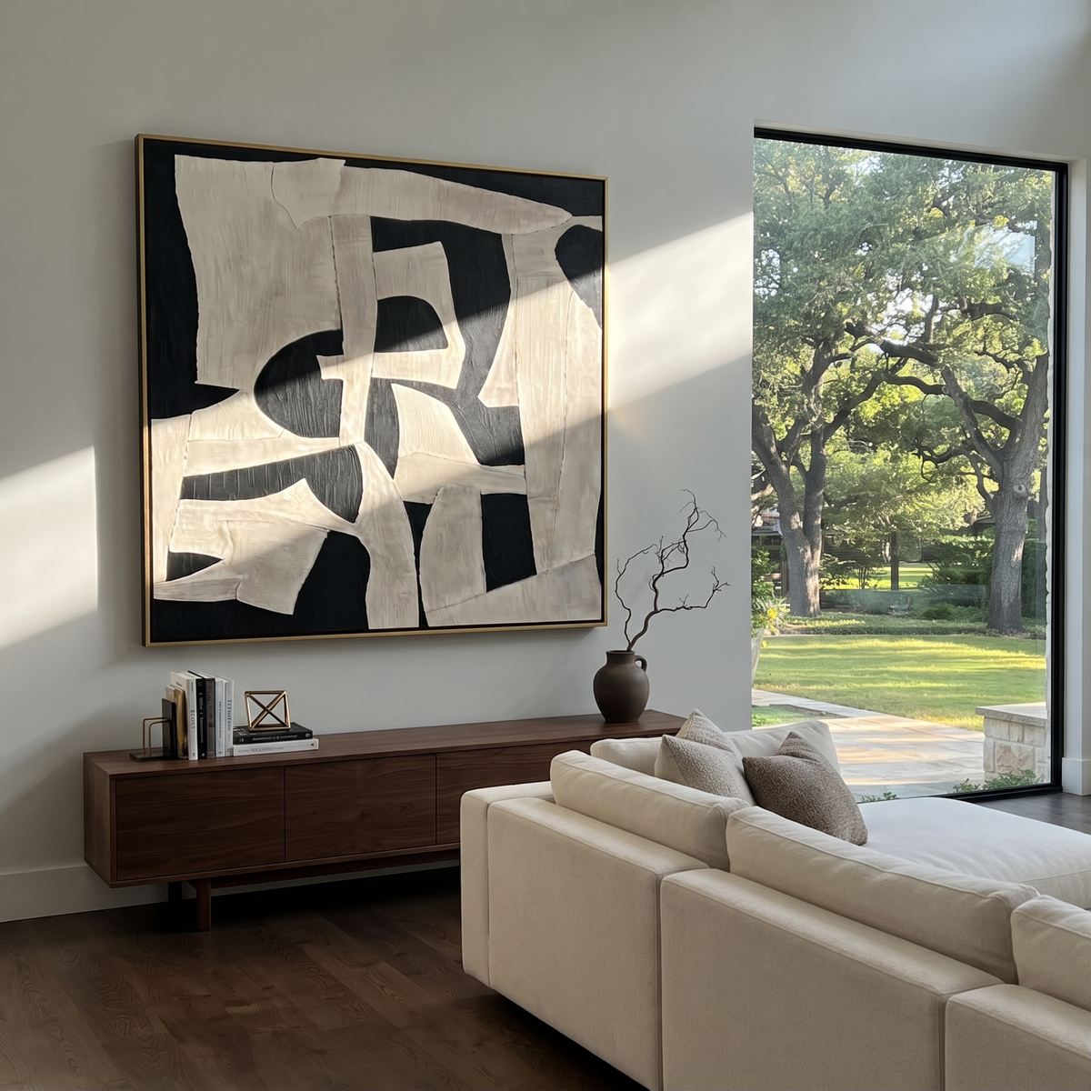 Slate Onyx Azure Intervals Stillness - textured abstract painting displayed in a styled interior