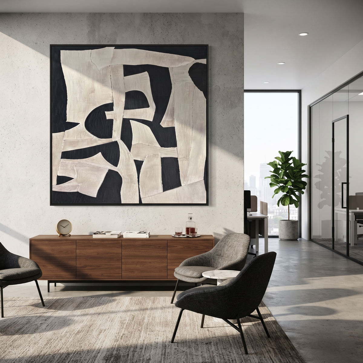 Slate Onyx Azure Intervals Stillness - textured abstract painting shown in modern room setting 2