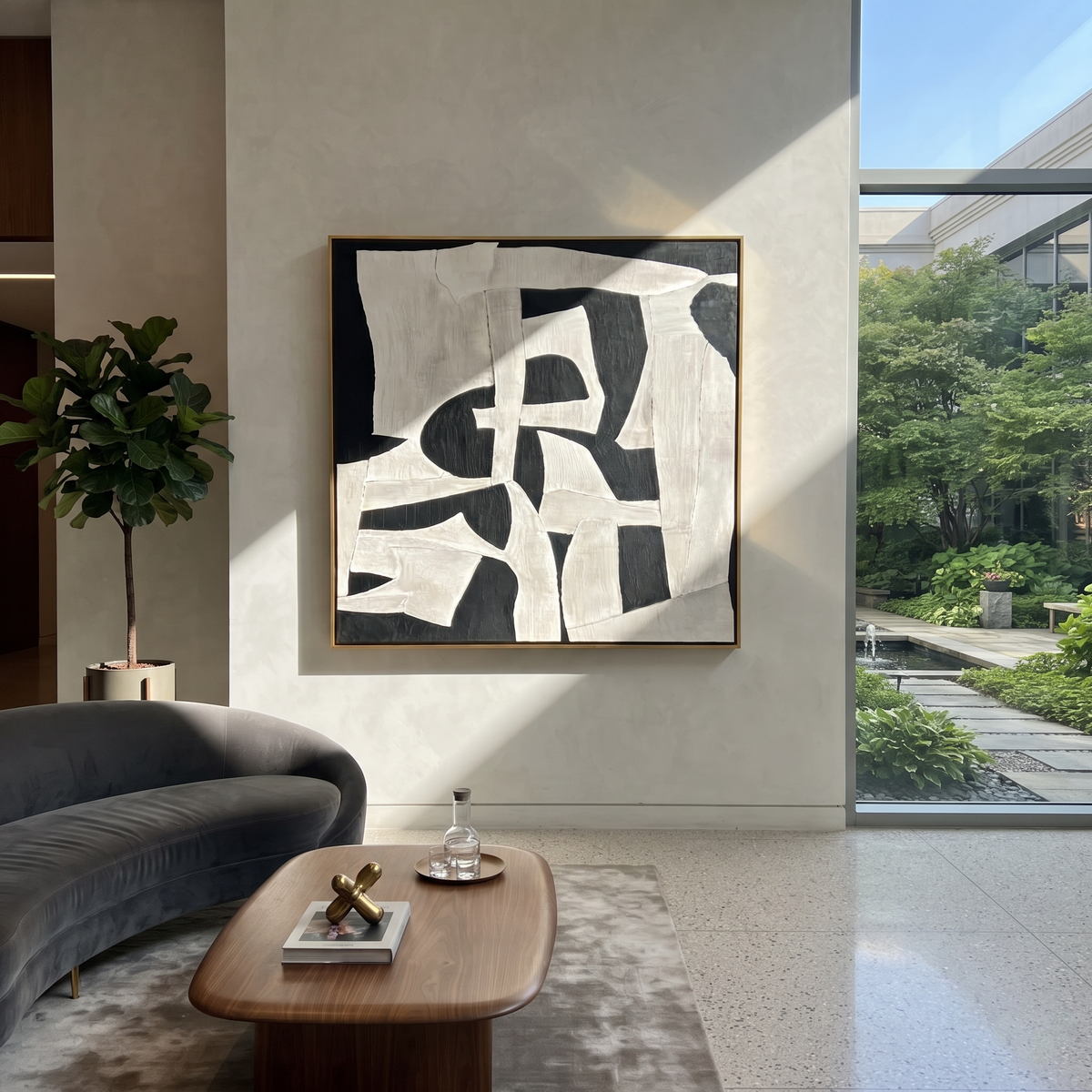 Slate Onyx Azure Intervals Stillness - textured abstract painting shown in modern room setting 5