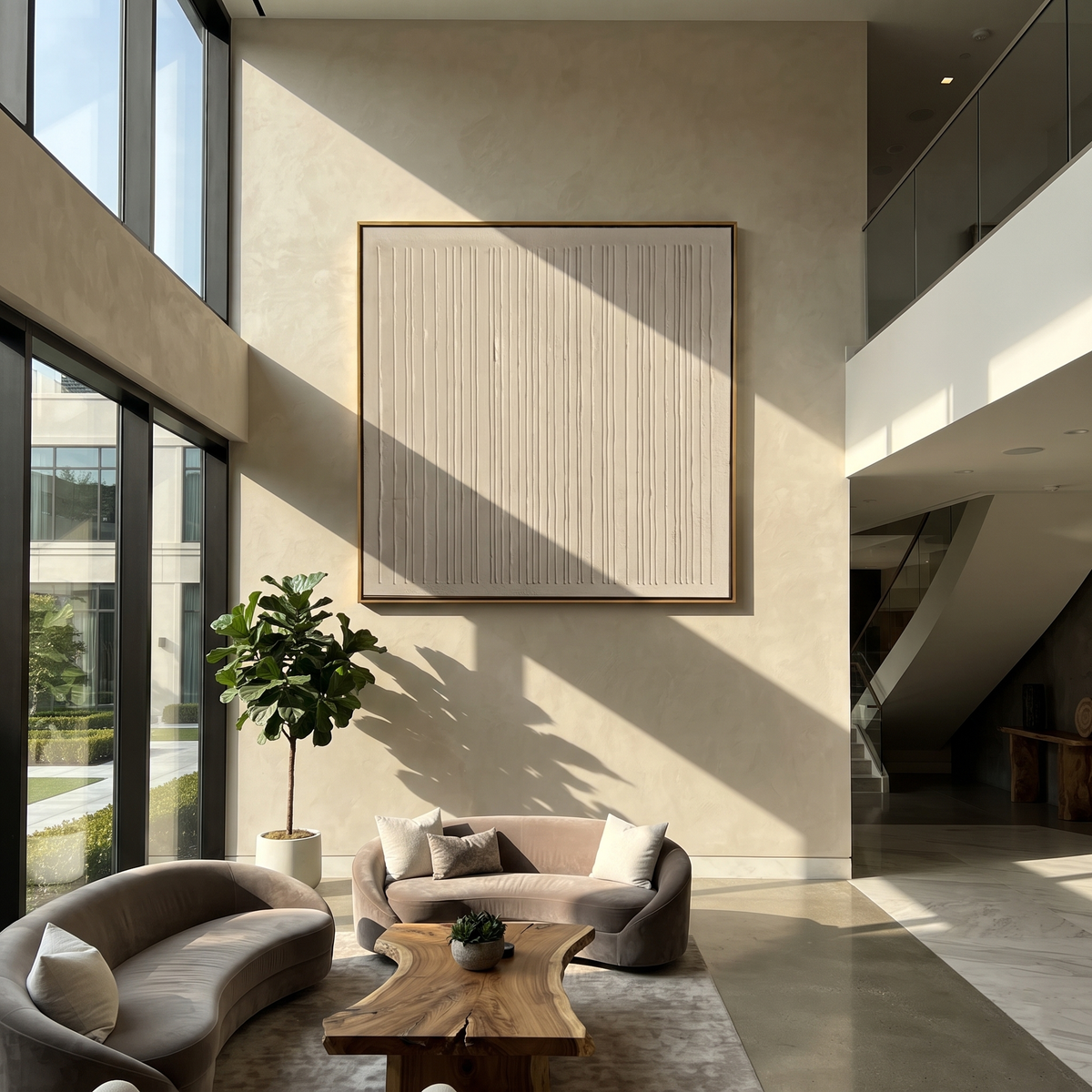 Slate Umber Linen Drift Air - textured abstract painting displayed in a styled interior