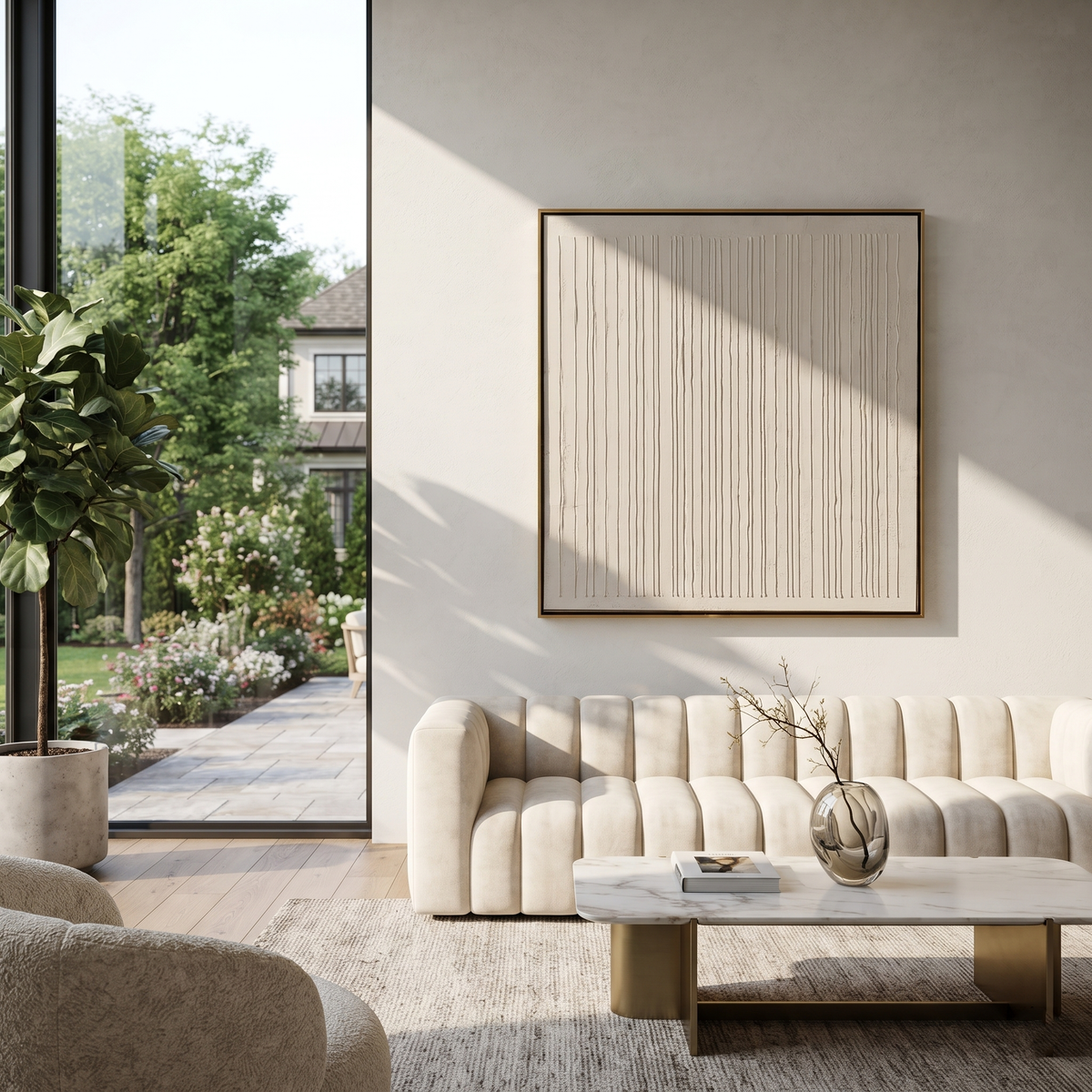 Slate Umber Linen Drift Air - textured abstract painting shown in modern room setting 2