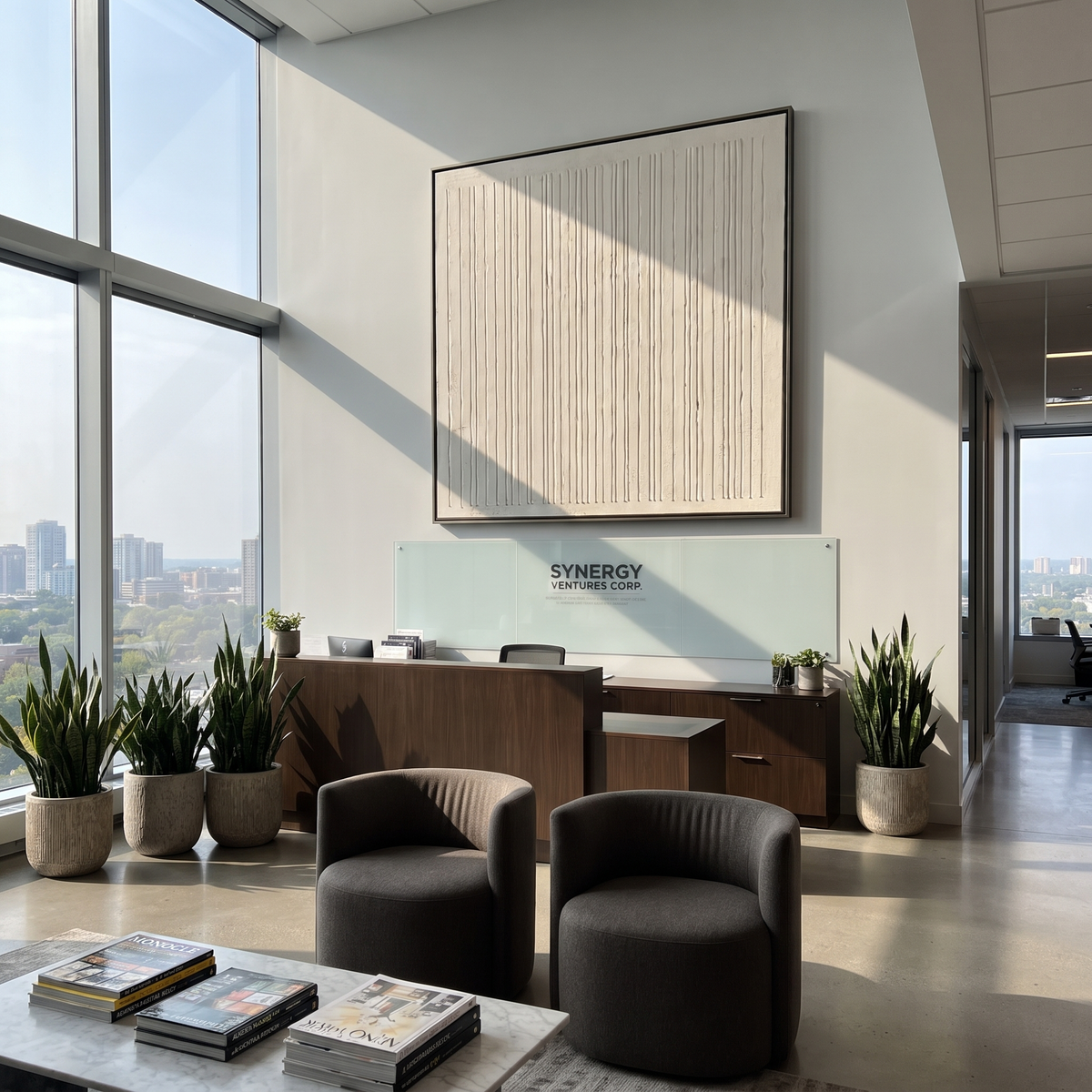 Slate Umber Linen Drift Air - textured abstract painting shown in modern room setting 5