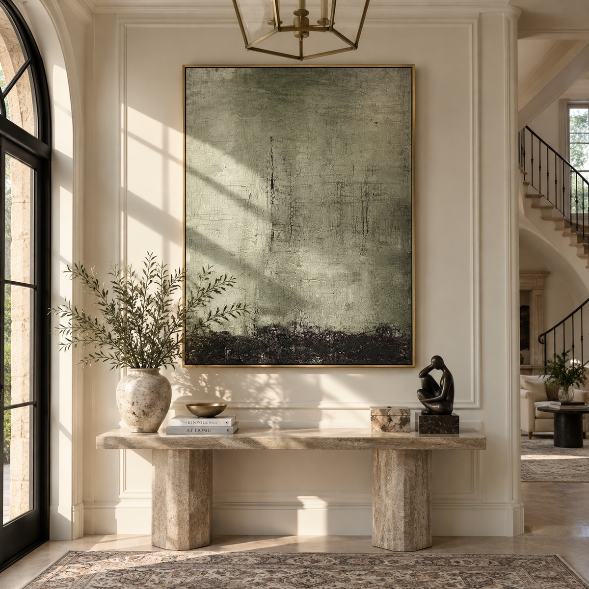 Verdant Gilded Onyx Crossing Cadence - textured abstract painting displayed in a styled interior