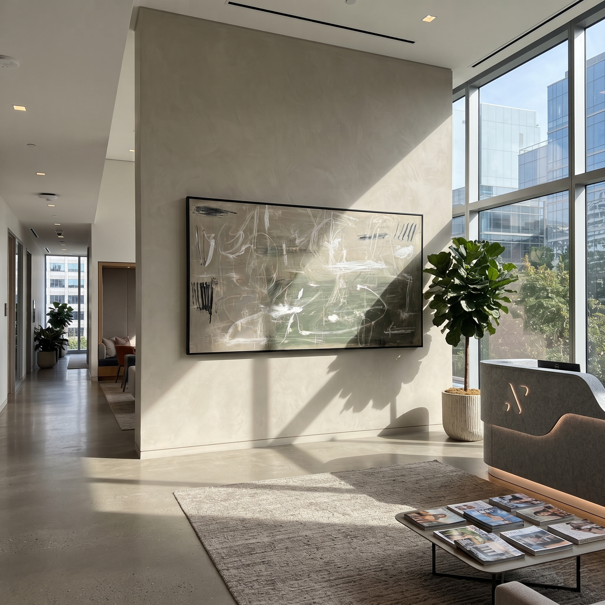 Ivory Linen Slate Echo Dusk - textured abstract painting shown in modern room setting 3