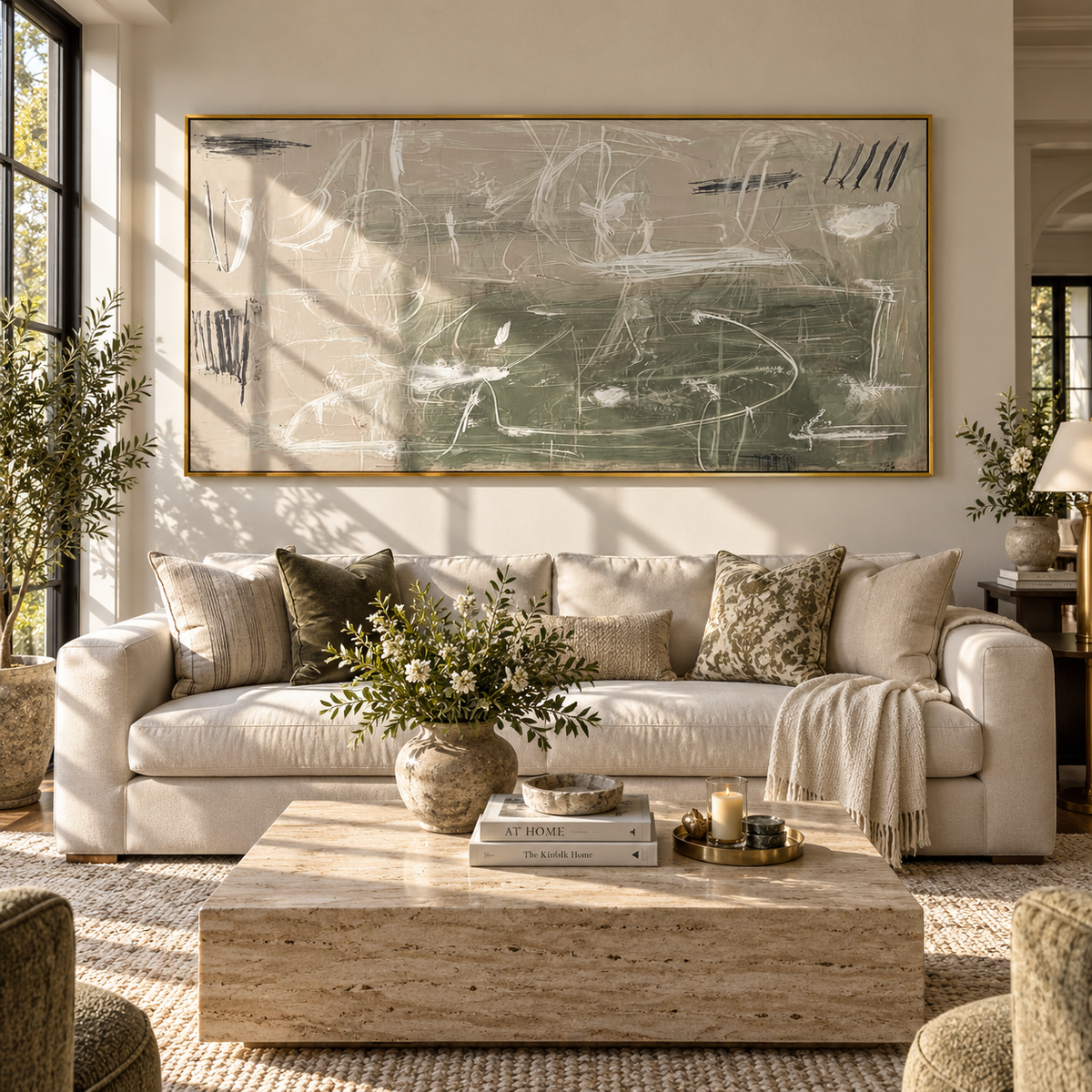 Ivory Linen Slate Echo Dusk - textured abstract painting shown in modern room setting 5