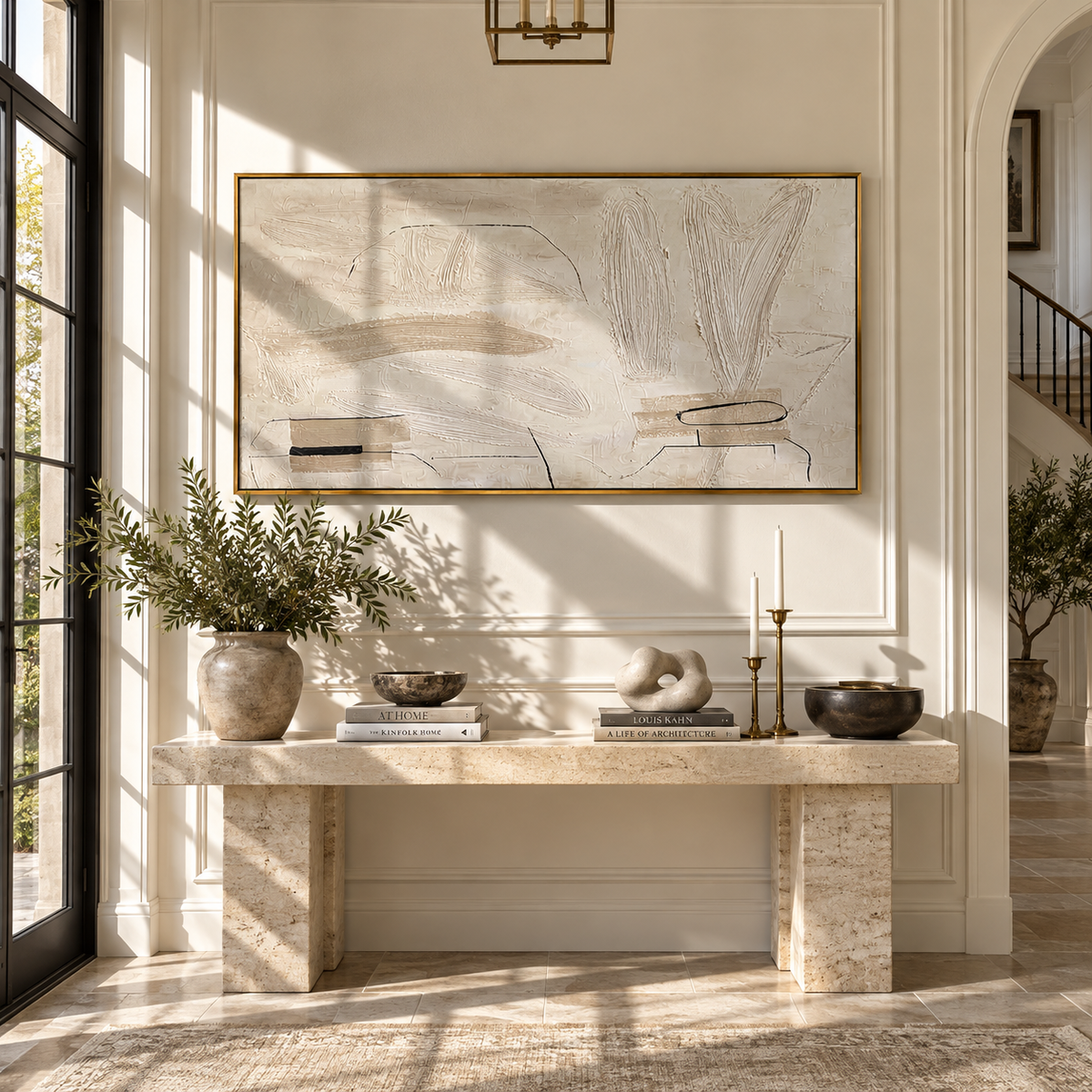 Ivory Slate Linen Rhythm Interval - textured abstract painting shown in modern room setting 2