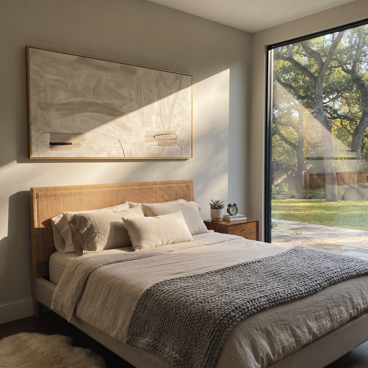 Ivory Slate Linen Rhythm Interval - textured abstract painting shown in modern room setting 3