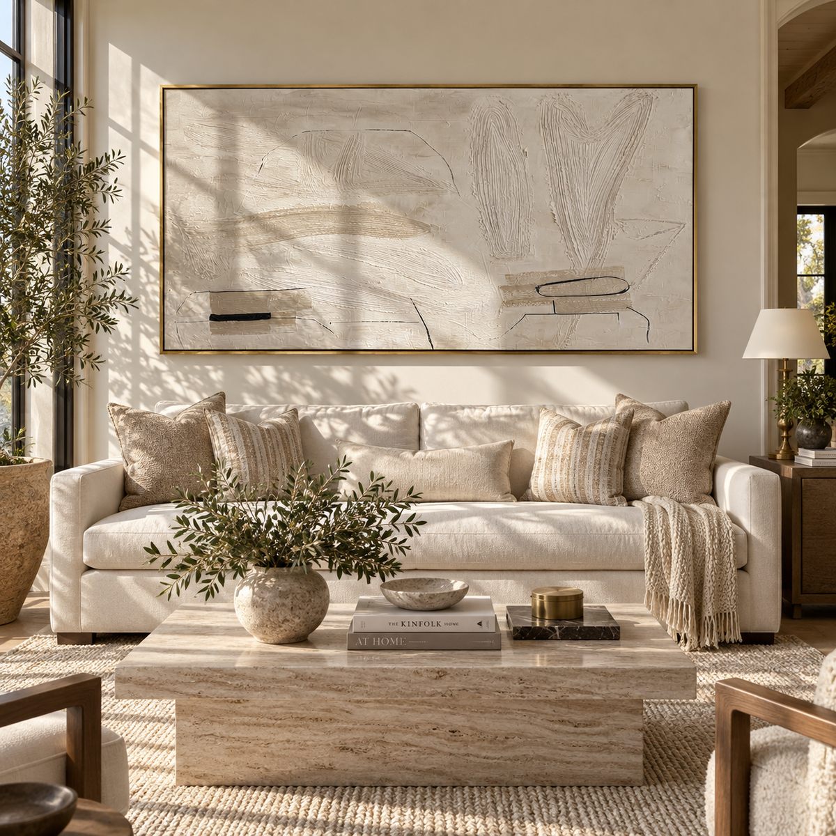 Ivory Slate Linen Rhythm Interval - textured abstract painting shown in modern room setting 5