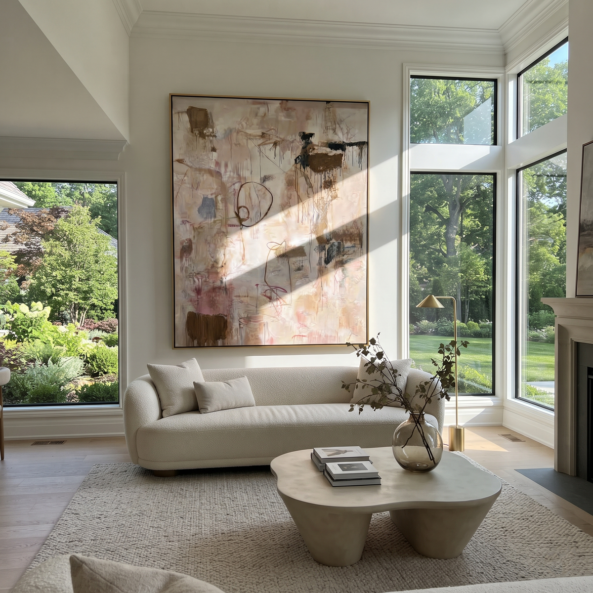 Ivory Slate Linen Relief Distance - textured abstract painting displayed in a styled interior