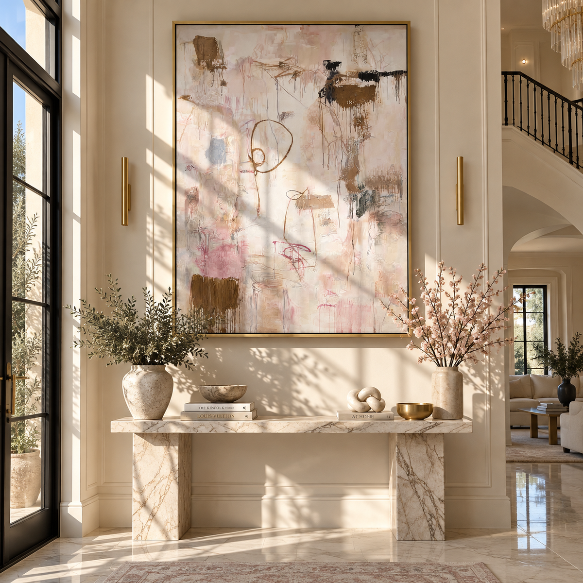 Ivory Slate Linen Relief Distance - textured abstract painting shown in modern room setting 3