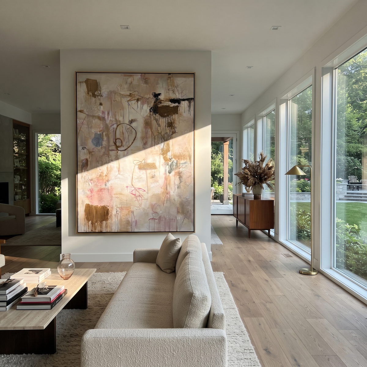 Ivory Slate Linen Relief Distance - textured abstract painting shown in modern room setting 4