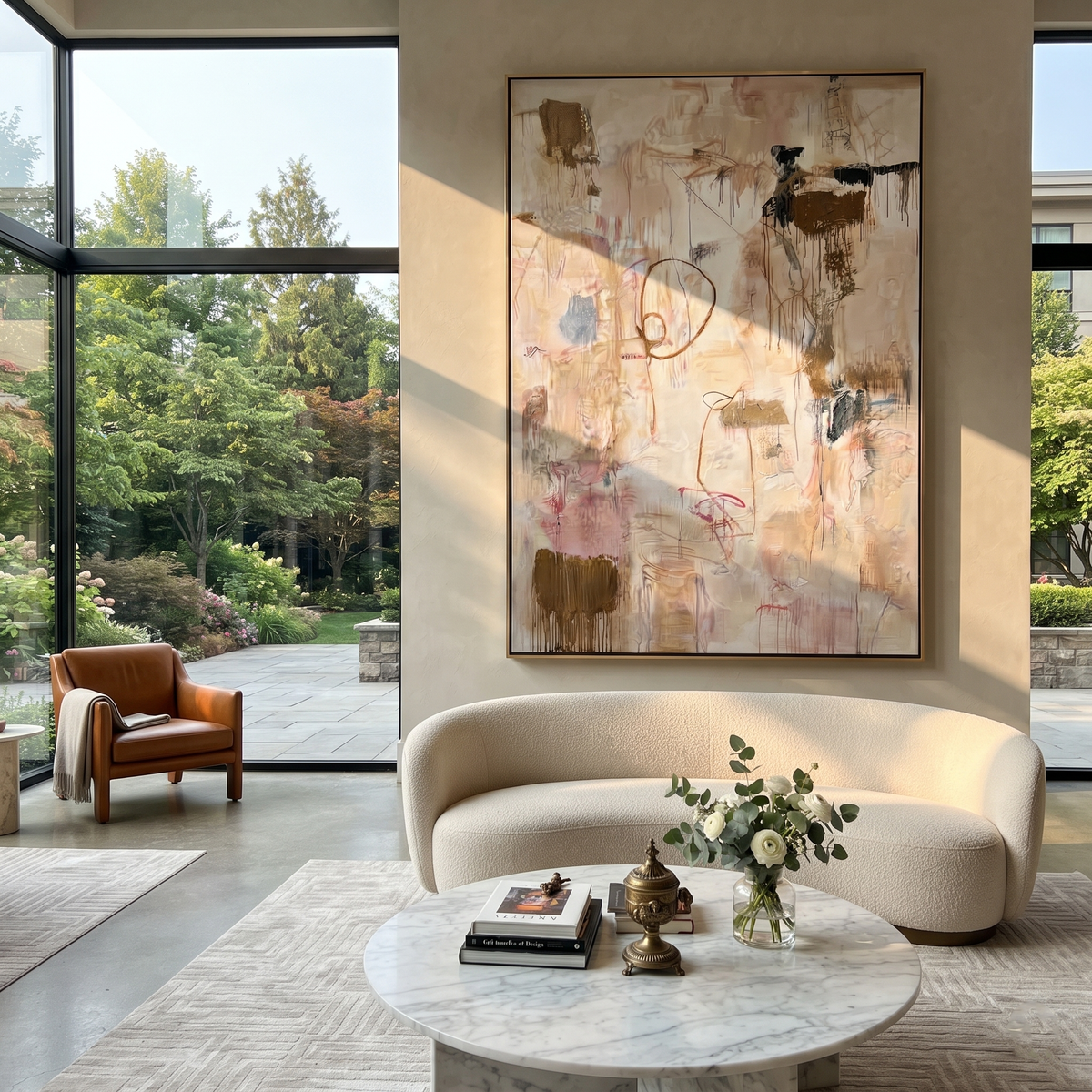 Ivory Slate Linen Relief Distance - textured abstract painting shown in modern room setting 5